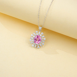Collar de Plata de Ley 925 con Zafiro Rosa Padparadscha Cultivado en Laboratorio, Corte Ovalado con Halo de Diamantes, Joyería Fina para Mujer - Product Image 2