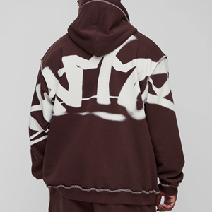Men's Brown Oversized Hooded Sweatshirt Set With White Letter Print Pocket Fleece Tracksuit Autumn Wear - Product Image 5