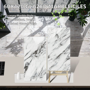 Carreaux de porcelaine en marbre blanc Carrara super brillant 600x1200mm pour revêtement de sol et de mur, design Calacatta, carreaux de porcelaine haute brillance - Product Image 2
