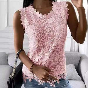 Camiseta de encaje para mujer, camiseta informal elegante, ropa de mujer, camisetas de moda de verano, ropa Vintage, ropa de calle, camisetas sólidas, Blusas - Product Image 2