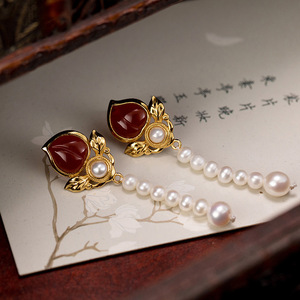Boucles d'oreilles Hanfu Rétro en Perles et Agate Mosaïque Plaquée, Accessoires Antiques Polyvalents et Gracieux pour Filles - Product Image 4