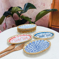 Assiette à gâteau ovale en céramique et rotin pour mariage, plateau à dessert et fruits en céramique en gros