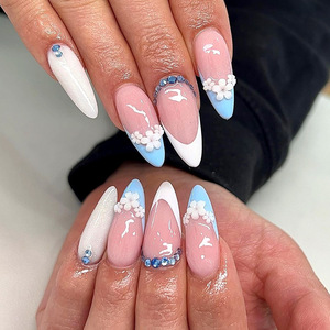 Pegatinas <span class=keywords><strong>de</strong></span> <span class=keywords><strong>Uñas</strong></span> con Diseño <span class=keywords><strong>de</strong></span> Flores Pequeñas Blancas Tridimensionales, Tipo Almendra, Color Azul Francés, con Diamantes Brillantes, <span class=keywords><strong>Uñas</strong></span> <span class=keywords><strong>Postizas</strong></span> - Product Image 1