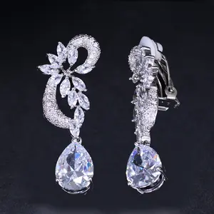 Luxury quality sparkling diamond shaped cubic zirconia wedding bride jewelry clip earrings without ear holes wedding without per