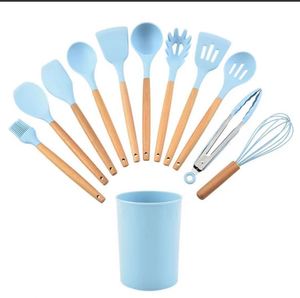 Bán buôn 12 cái không dính Phụ Kiện Nhà Bếp Silicone Cookware Set với gỗ xử lý công cụ nấu ăn - Product Image 2