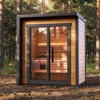 Sauna extérieur moderne sur mesure en bois traité thermiquement, pour 3 personnes, avec douche, commande informatique, fenêtres en transom, 6 kW