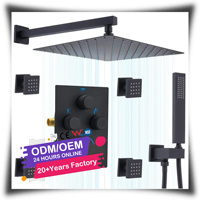 Vente chaude noir mat 16 "et 6" pommeau de douche pluie monté au plafond 3 voies vanne de douche thermostatique ensembles de système de douche salle de bain