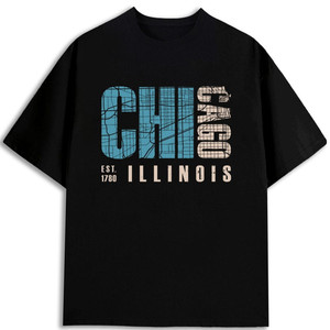 Camiseta con diseño de mapa de Chicago Illinois para hombre, 100% algodón, corte regular, cuello redondo, color negro - Product Image 1