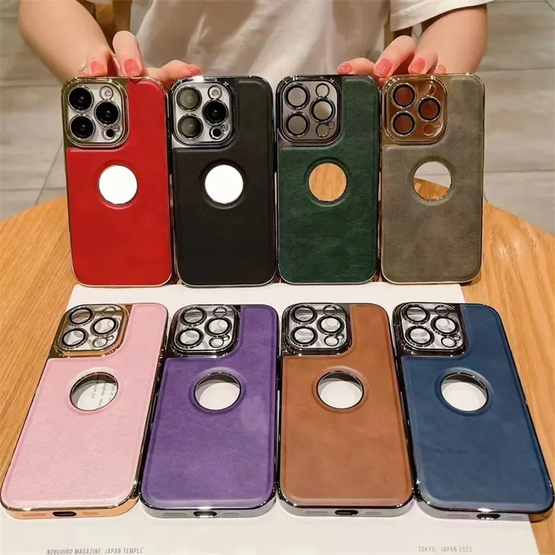 logo cut electroplated bumper pu leather soft shell case for iphone 15 pro max