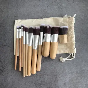 Conjunto de pincéis de maquiagem de bambu, com bolsa, para base, cosméticos, kit de ferramentas para pó, blush, sombra de olhos