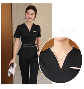 Monos uniformes de salón de belleza spa LICRA poliéster cuatro estaciones antiarrugas elegantes transpirables impresos con logotipo personalizado - Product Image 4