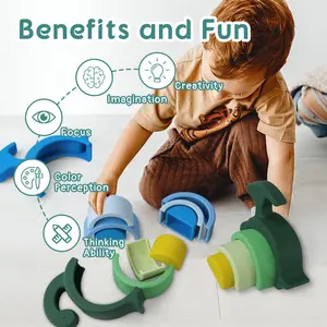 New Design Toddler Silicone Stacking Toys Dinosaur Shape Educational Stacker Custom Logo Package Toy Stacking Block Sets