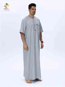 Al Haramain <b>Men's</b> Gray Cotton <b>Thobe</b> Long Sleeve Floor Length Modest Daily Wear Solid Color Breathable Traditional Arabic - Product Image 3