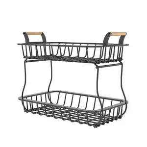2层储物架金属黑铁丝桌厨房方形装饰蔬菜水果可叠放碗篮架架