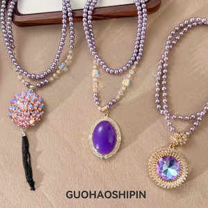 Purple Beaded Necklace With Crystal Pendant Flower Shape Party Jewelry For Women Elegant Long Chain Fashion Accessory - Product Image 2