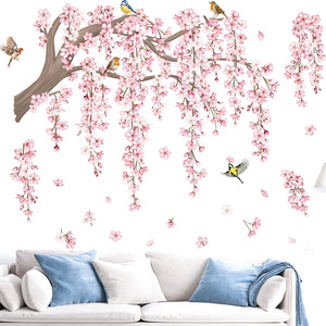 Grandes Décorations Murales Autocollantes en Forme de Branche d'<span class=keywords><strong>Arbre</strong></span> à Fleurs Roses, Motif Floral de Cerisier et Oiseaux, Écologiques et Imperméables, pour Décoration de Salon - Product Image 4
