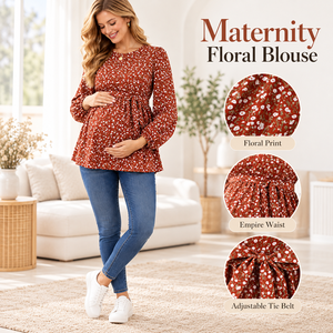 Camicia Premaman con Stampa Floreale, Maniche Lunghe, Collo Tondo, Bottoni, Cintura e Volant, Top per Gravidanza Primaverile - Product Image 5