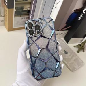 3D Lattice Gradient Glitter Marble Diamond Phone <strong>Case</strong> for iPhone 16 <strong>Pro</strong> <strong>Max</strong> 15 14 <strong>13</strong> 12 11 Plating Soft TPU Cover - Product Image 2