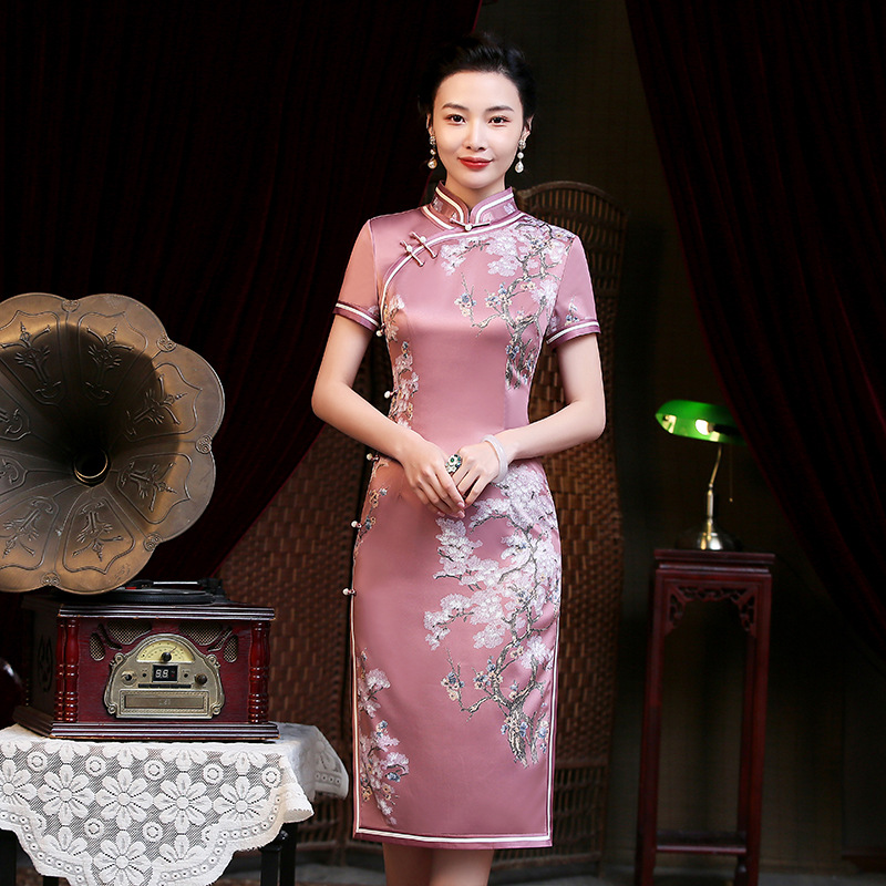 cheongsam bridesmaid dresses Pink Yellow Jacquard Halter Summer Qipao Cheongsam Dress main image 1