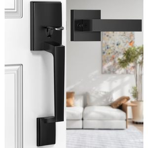 Manija de Puerta Moderna en Negro Mate, de Zinc, con Palanca de Entrada Ambidiestra, Fácil Instalación, Herraje para Puerta Principal - Product Image 1