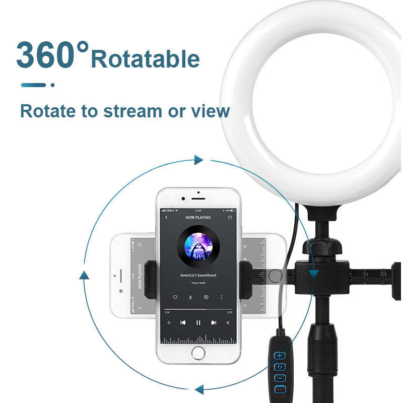 6 Inch Led Selfie Ring Light Tripod Stand Mobile Live Broadcast Makeup Photography Fill Light LED Dual Position Phone Support