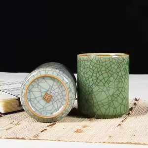 Traditional Chinese luxury celadon coffee <b>cup</b> gift utensils tumbler <b>ceramic</b> ice cracked handle - Product Image 5