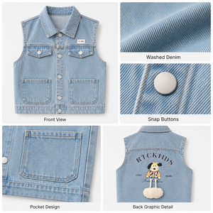 Gilet en jean <span class=keywords><strong>sans</strong></span> <span class=keywords><strong>manches</strong></span> pour garçons, motif dessin animé, respirant, décontracté, avec boutons, poches, printemps-automne - Product Image 4