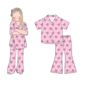 بيجامة بنات بأكمام قصيرة وأزرار قابلة للتنفس مع سروال واسع للأطفال والصغار بالجملة - Product Image 4