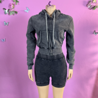 HR26081 Ensemble 2 pièces automne pour femme : sweat à capuche court zippé en polaire confortable et short taille haute – Tenue streetwear Y2K hiver