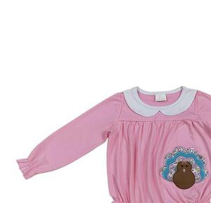 Haute qualité Thanksgiving OOTD barboteuse pour bébé filles broderie si mignon dinde rose manches longues Boutique en gros Offre Spéciale RTS - Product Image 4