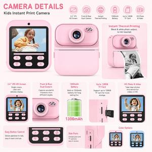 Fotocamera Istantanea per Bambini con Stampa Termica Senza Inchiostro, Videocamera Digitale con <span class=keywords><strong>1</strong></span> Rotolo di Carta, Registratore Video 1080P, Regalo per Bambini - Product Image 2
