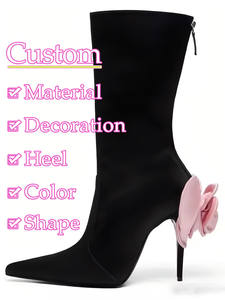 Bottines en <span class=keywords><strong>cuir</strong></span> à fleurs 3D mi-<span class=keywords><strong>mollet</strong></span> pour femmes, <span class=keywords><strong>bottes</strong></span> courtes d'hiver à talons hauts et bout pointu, chaussures à talons aiguilles, grande taille - Product Image 2