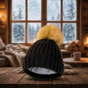Bonnet en tricot noir unisexe avec pompon en fourrure, chapeau d'hiver pour usage extérieur et décontracté, adulte 56-58CM - Product Image 2