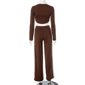 Весенний Женский Повседневный комплект из 2 предметов в стиле пэчворк на молнии с длинным рукавом с отложным воротником уличный топ с длинными брюками подходящие костюмы - Product Image 6