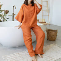 Ensemble en lin naturel personnalisé pour femme, printemps-été, respirant, en coton et lin, haut à col rond et pantalon, ensemble en lin 2 pièces