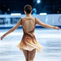 Robe de patinage artistique marron beige dégradé avec strass, dos en maille ajourée pour la compétition et les spectacles