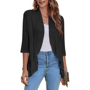 Cárdigan Abierto para Mujer FOXA, Manga 3/4, con Volantes Drapeados, Asimétrico, Ligero, de Chifón, Casual, Primavera-Verano, Tallas S-3XL - Product Image 1