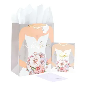 纸袋新娘淋浴银色礼品袋带礼品标签和卡片新娘带花3D贴布设计定制印刷LOGO袋