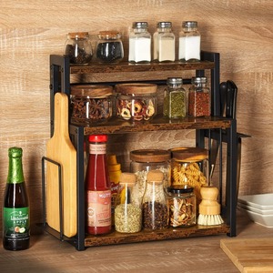 Wooden Spice Rack Iron Wood Combination <b>Desktop</b> <b>Shelf</b> Multi Layer Organizer With Wooden Lid Size L - Product Image 2