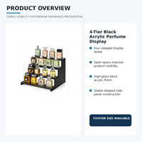 Présentoir à parfums en acrylique noir à 4 niveaux sur mesure, organisateur de bouteilles de parfum escalonné pour comptoir de magasin de détail