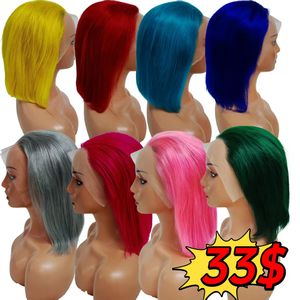 Promoción $28 $29 $30 Pelucas de Cabello Humano Liso de 13x4 en Colores Gris, Rosa, Azul y Verde, Pelucas Brasileñas de Cabello Natural Remy de 10 Pulgadas - Product Image 1