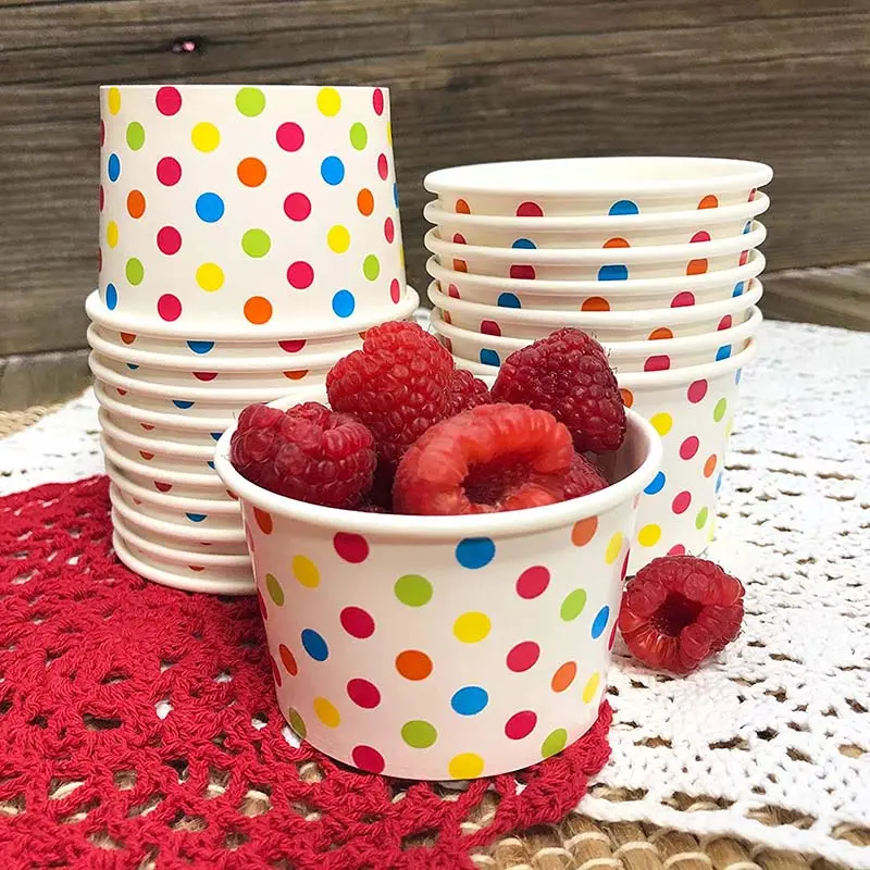 Ice Cream Sundae Kit - 8 Ounce Polka Dot Paper Cups - Plastic Spoons - Paper Umbrellas - Blue Orange Yellow Green