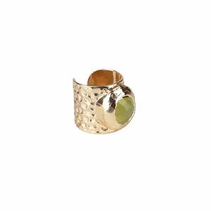 Wide cuff gold green crystal precious stone bead charm adjustable open hammered gemstone ring for woman man