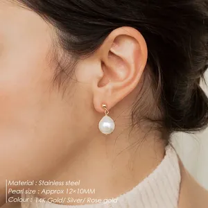 Boucles d'oreilles pendantes en acier inoxydable EManco, style minimaliste avec éléments de perles baroques, idéales pour le quotidien et le dropshipping chic - Product Image 2