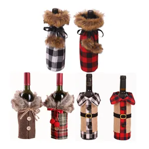 YQ-5045 Christmas Plaid Sweater Wine Bottle Cover with Collar and Button Coat Design for Christmas Party Decorations