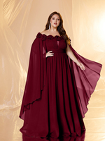 Robe de soirée pour femme, couleur unie, épaules dénudées, manches flottantes, design floral tridimensionnel, ourlet plissé, coupe trapèze
