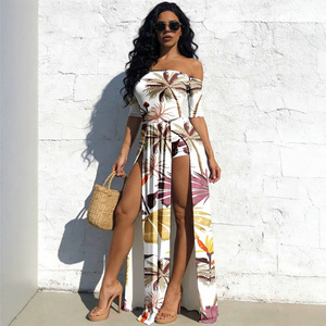 Robe longue décontractée d'été pour femme à imprimé tropical, épaules dénudées, taille haute, motif floral S M L XL XXL - Product Image 2