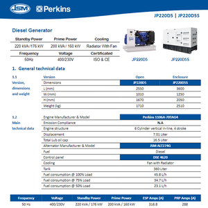 Дизельный генератор JP220D5 <span class=keywords><strong>Perkins</strong></span> 200 кВА, 3-фазный, 400В, на базе двигателя 1106A-70TAG4, для больниц и отелей - Product Image 6