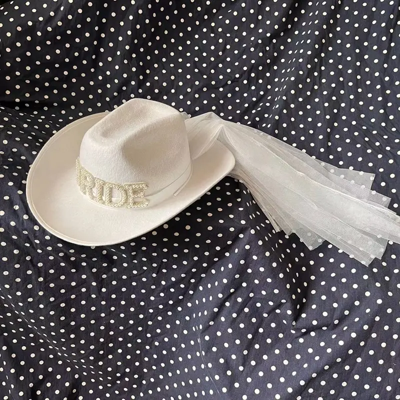 Western Rodeo Bachelorette Bridal Party Prop White Cowboy Cowgirl Hat With Veil