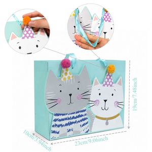 Ribbon Handles 3D Kitty Party <b>Favor</b> Gift Wrapping Treat With Pom Details Cat <b>Birthday</b> Bag - Product Image 2